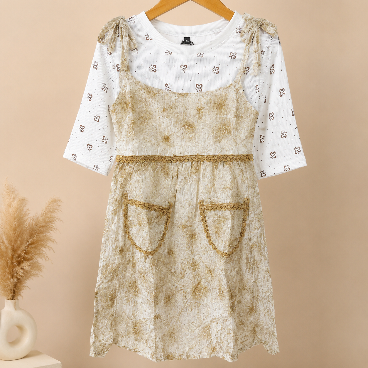 Girls Cream Floral Layered Dress with Inner Top - Image 7
