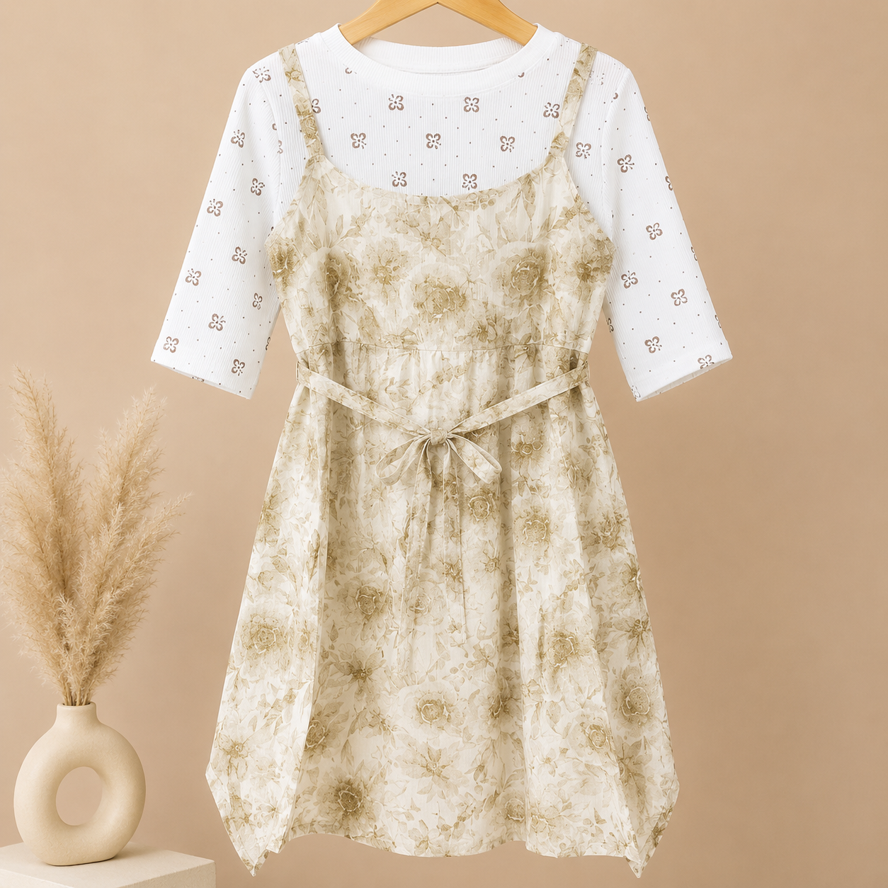 Girls Cream Floral Layered Dress with Inner Top - Image 8