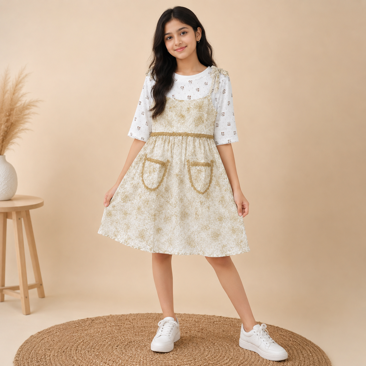 Girls Cream Floral Layered Dress with Inner Top - Image 5