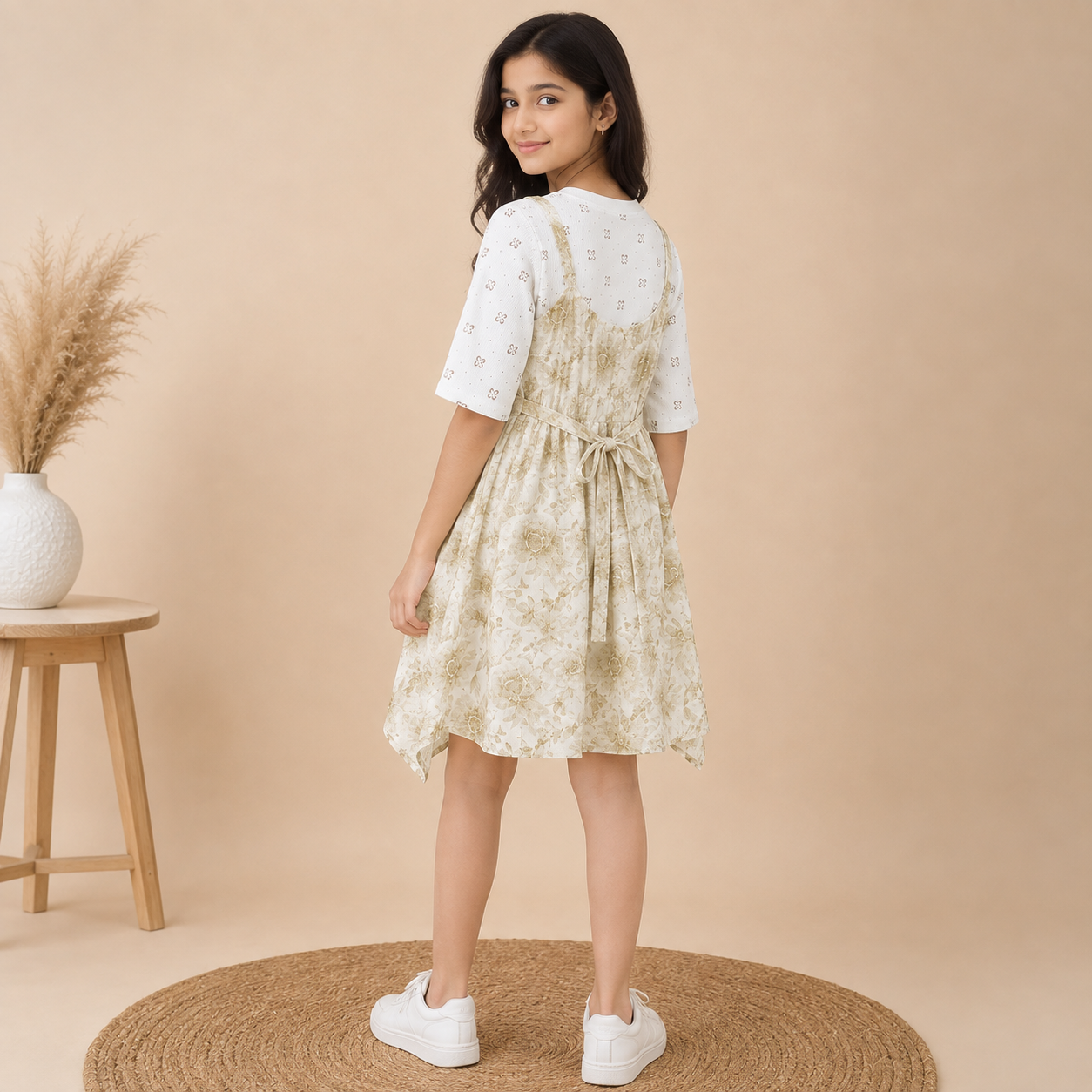 Girls Cream Floral Layered Dress with Inner Top - Image 6