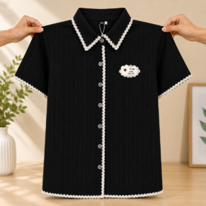 Girls Black Textured Casual Top – Half Sleeve | Contrast Lace Trim