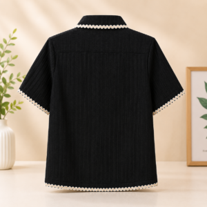 Girls Black Textured Casual Top – Half Sleeve | Contrast Lace Trim