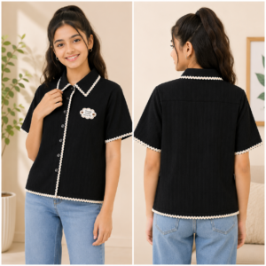 Girls Black Textured Casual Top – Half Sleeve | Contrast Lace Trim