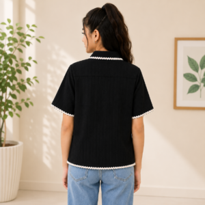 Girls Black Textured Casual Top – Half Sleeve | Contrast Lace Trim