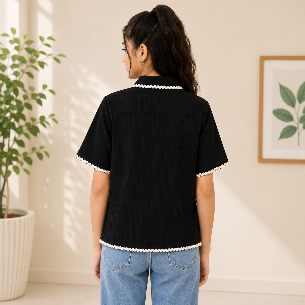 Girls Black Textured Casual Top – Half Sleeve | Contrast Lace Trim - Image 4