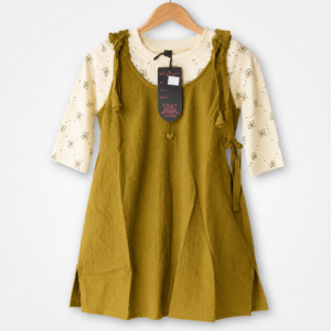 Girls Olive Green A-Line Dress with Printed Full Sleeve Inner Top