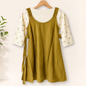 Girls Olive Green A-Line Dress with Printed Full Sleeve Inner Top
