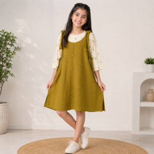 Girls Olive Green A-Line Dress with Printed Full Sleeve Inner Top