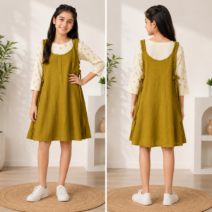 Girls Olive Green A-Line Dress with Printed Full Sleeve Inner Top