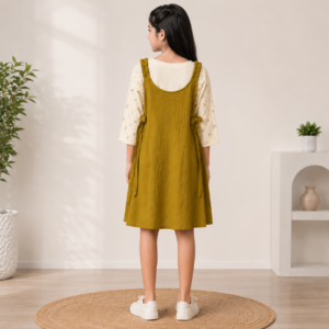 Girls Olive Green A-Line Dress with Printed Full Sleeve Inner Top