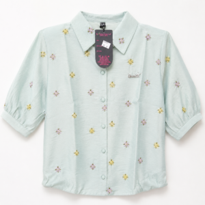 Girls Embroidered Mint Green Casual Cotton Top | Half Sleeve