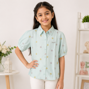 Girls Embroidered Mint Green Casual Cotton Top | Half Sleeve
