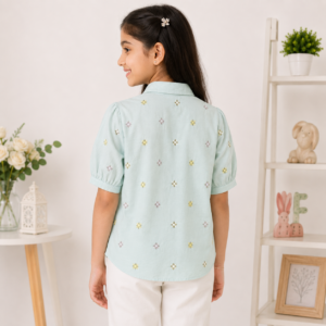 Girls Embroidered Mint Green Casual Cotton Top | Half Sleeve