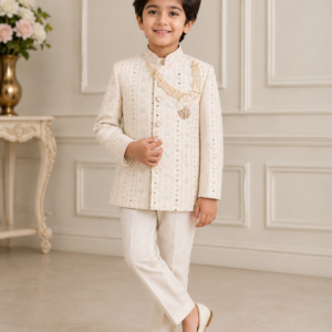 Boys Premium Sherwani Set | Embroidered Ethnic Wear with Pearl Brooch | Wedding & Party Wear