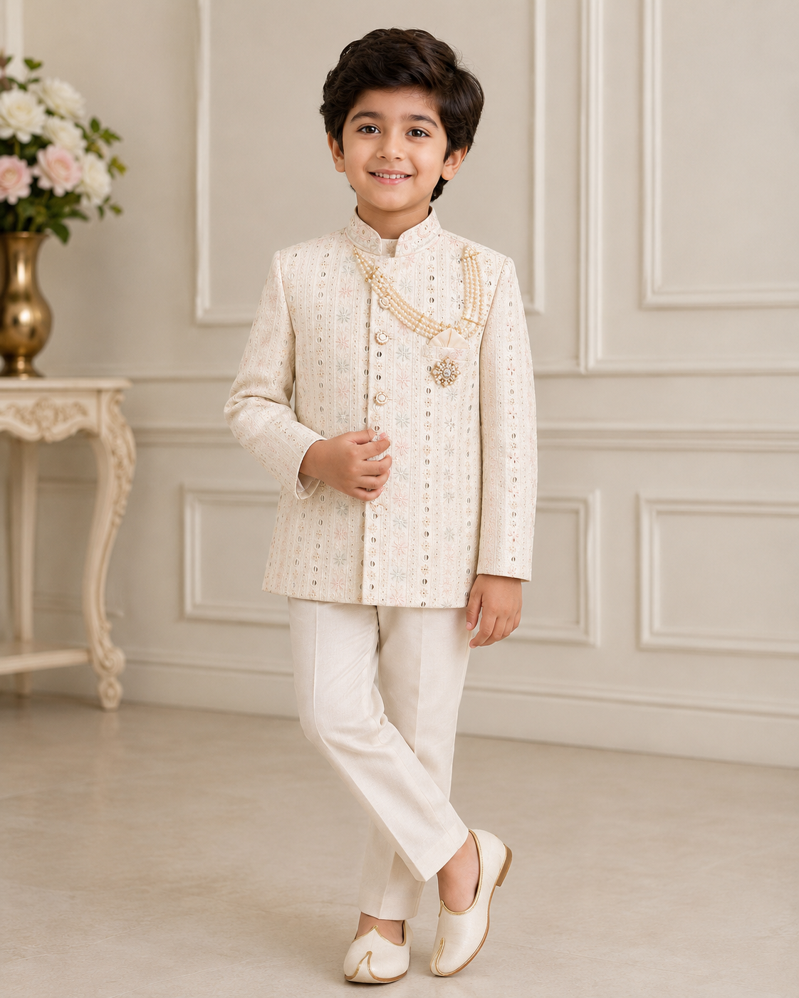 Boys Premium Sherwani Set | Embroidered Ethnic Wear with Pearl Brooch | Wedding & Party Wear