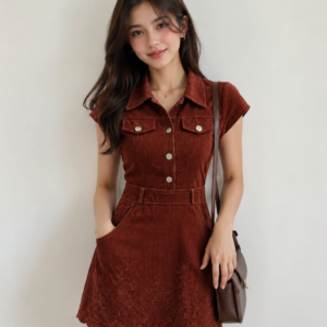 Girls Rust Brown Corduroy Dress with Embroidered Hem