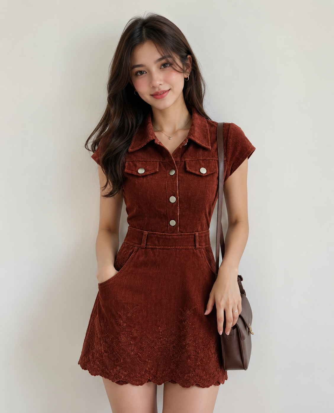 Girls Rust Brown Corduroy Dress with Embroidered Hem