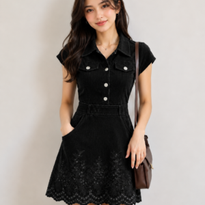 Girls Rust Brown Corduroy Dress with Embroidered Hem