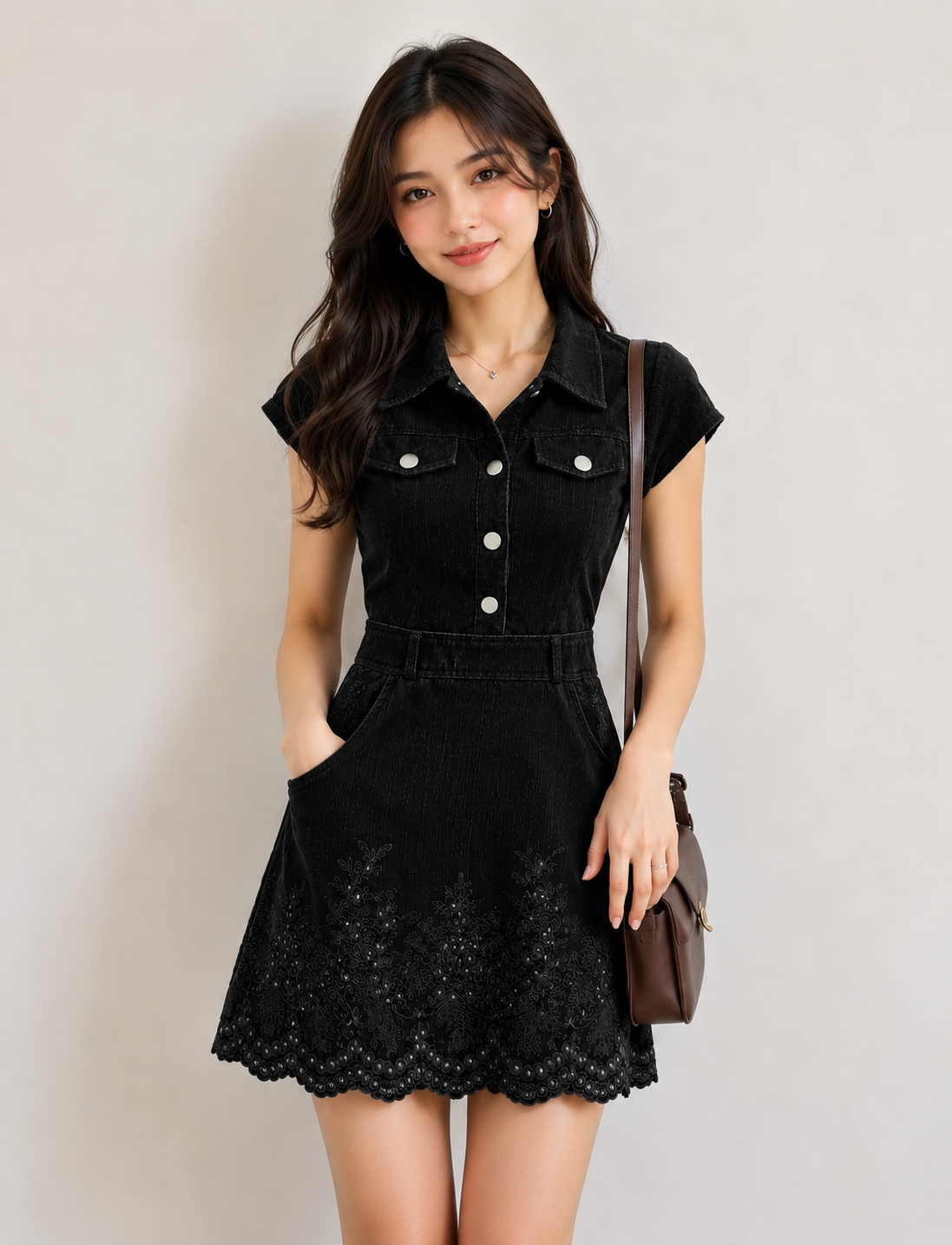 Girls Rust Brown Corduroy Dress with Embroidered Hem - Image 2