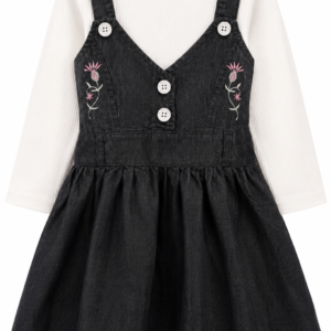 Girls Black Denim Pinafore Dress with White Ribbed Top | 2-Piece Casual Outfit Se