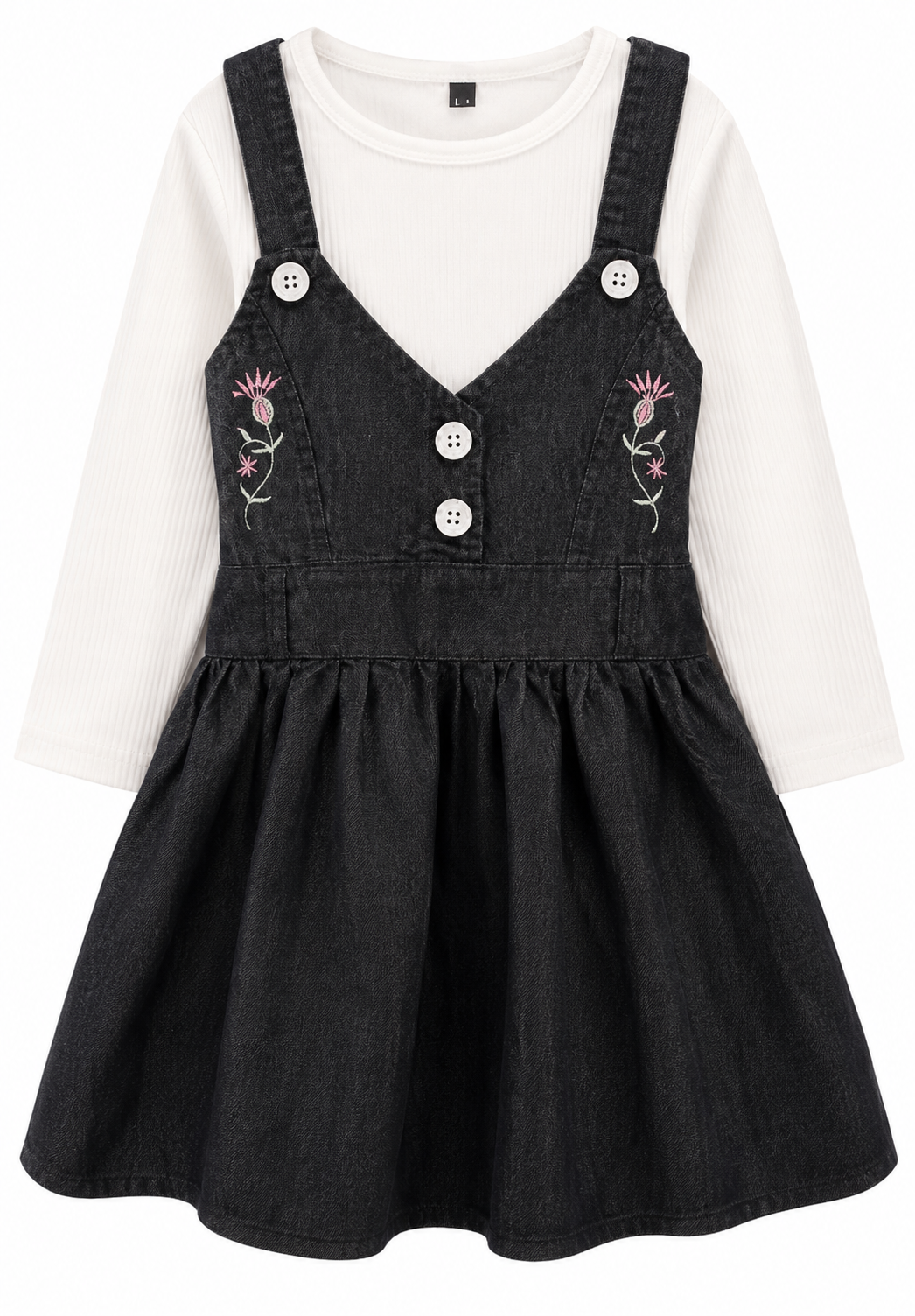 Girls Black Denim Pinafore Dress with White Ribbed Top | 2-Piece Casual Outfit Se - Image 3