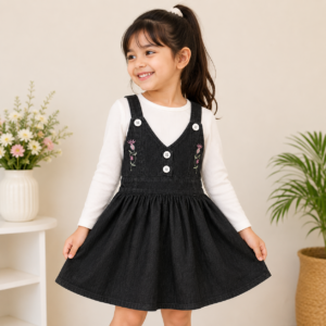 Girls Black Denim Pinafore Dress with White Ribbed Top | 2-Piece Casual Outfit Se