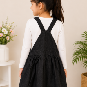Girls Black Denim Pinafore Dress with White Ribbed Top | 2-Piece Casual Outfit Se