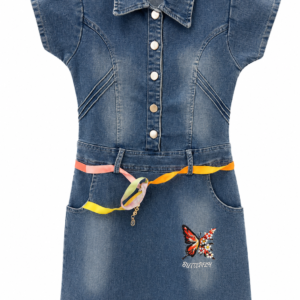 Girls Blue Denim Shirt Dress with Butterfly Embroidery | Casual Wear Dress