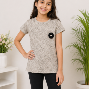 Girls Beige Marble Print Top with Floral Brooch | Casual Half Sleeve T-Shirt