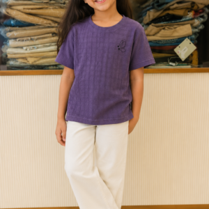 Girls Textured Half Sleeve T-Shirt | Soft Cotton Blend Casual Top | Purple