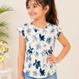 Girls White & Blue Floral Printed Cotton Blend Top | Half Sleeve Casual Wear