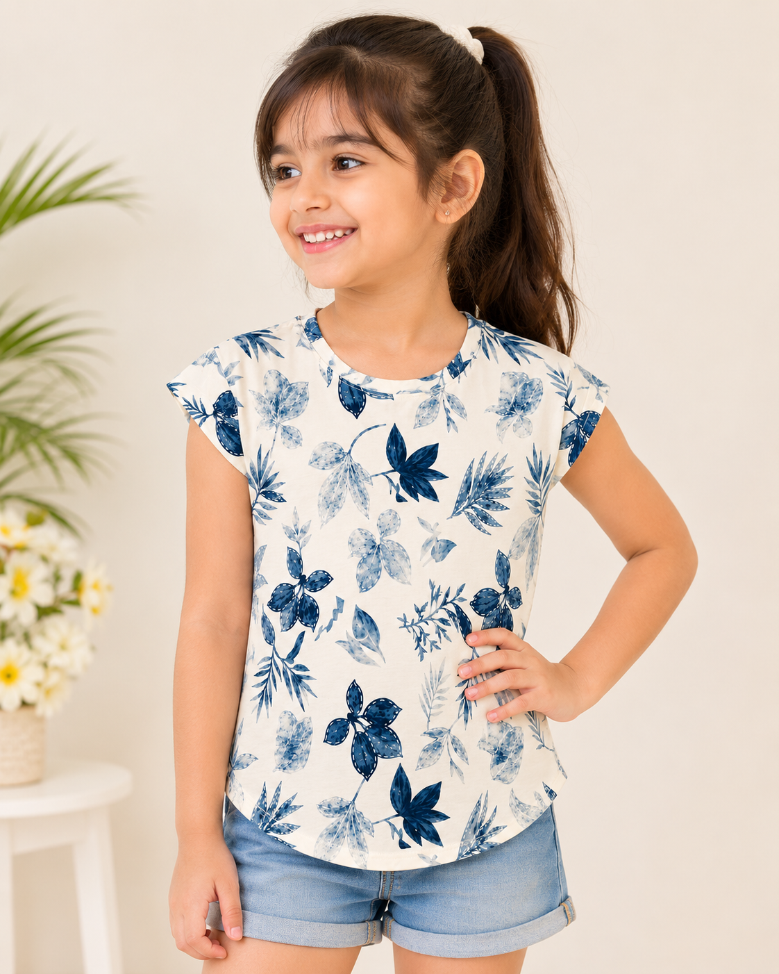 Girls White & Blue Floral Printed Cotton Blend Top | Half Sleeve Casual Wear - Image 3