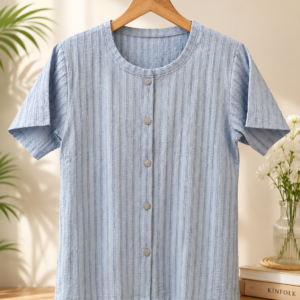 Girls Textured Half Sleeve Button T-Shirt | Soft Casual Top | Light Blue