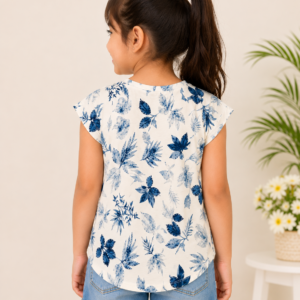 Girls White & Blue Floral Printed Cotton Blend Top | Half Sleeve Casual Wear