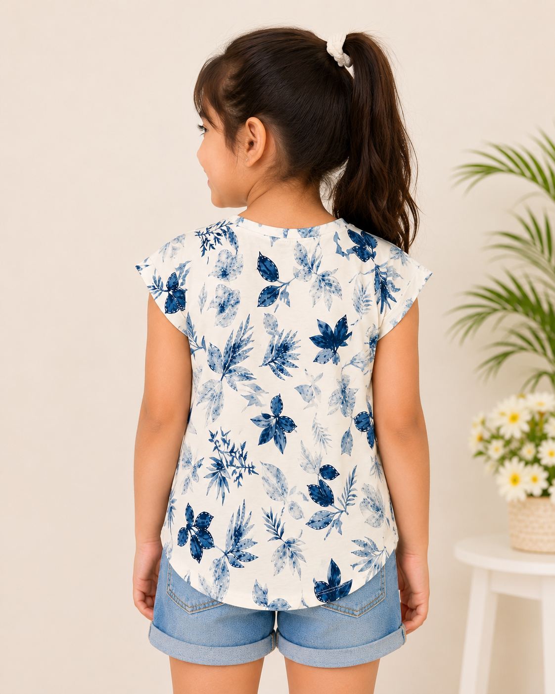 Girls White & Blue Floral Printed Cotton Blend Top | Half Sleeve Casual Wear - Image 4