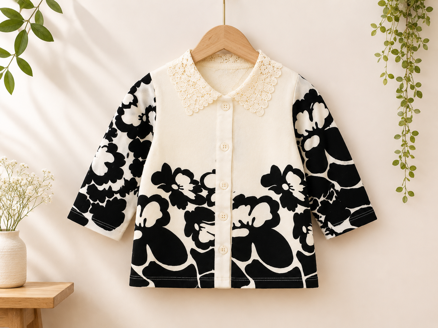 Girls Floral Print Co-Ord Set | Full Sleeves Top & Wide Leg Palazzo | Cream & Black - Image 3