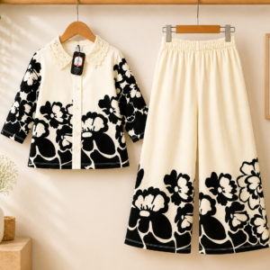Girls Floral Print Co-Ord Set | Full Sleeves Top & Wide Leg Palazzo | Cream & Black