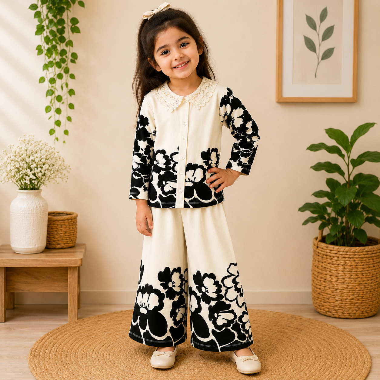 Girls Floral Print Co-Ord Set | Full Sleeves Top & Wide Leg Palazzo | Cream & Black
