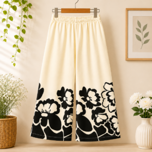 Girls Floral Print Co-Ord Set | Full Sleeves Top & Wide Leg Palazzo | Cream & Black