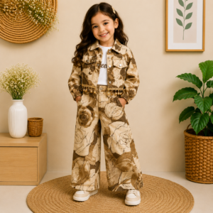 Girls Floral Print Co-Ord Set | Jacket with Inner T-Shirt & Wide Leg Pants | Brown