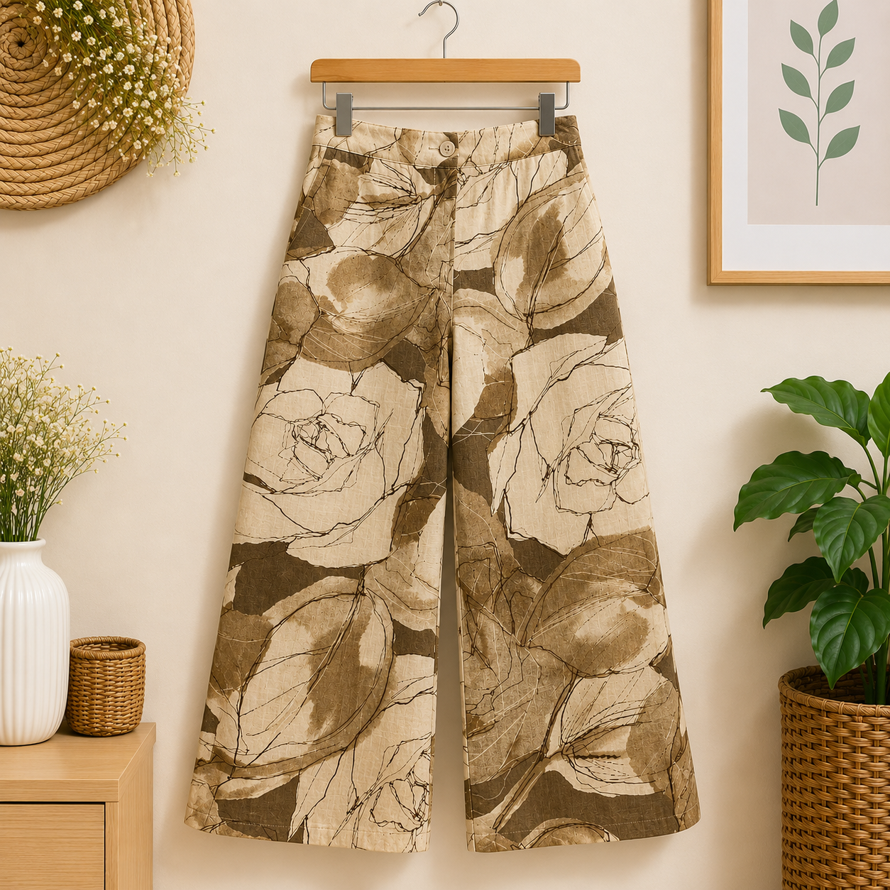 Girls Floral Print Co-Ord Set | Jacket with Inner T-Shirt & Wide Leg Pants | Brown - Image 3