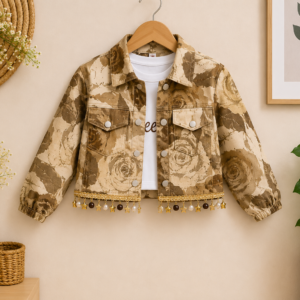 Girls Floral Print Co-Ord Set | Jacket with Inner T-Shirt & Wide Leg Pants | Brown