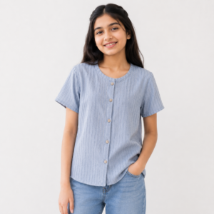 Girls Textured Half Sleeve Button T-Shirt | Soft Casual Top | Light Blue