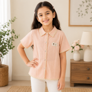 Girls Peach Cotton Blend Shirt – Half Sleeve