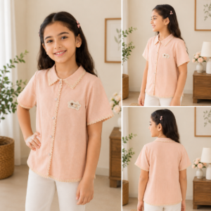 Girls Peach Cotton Blend Shirt – Half Sleeve