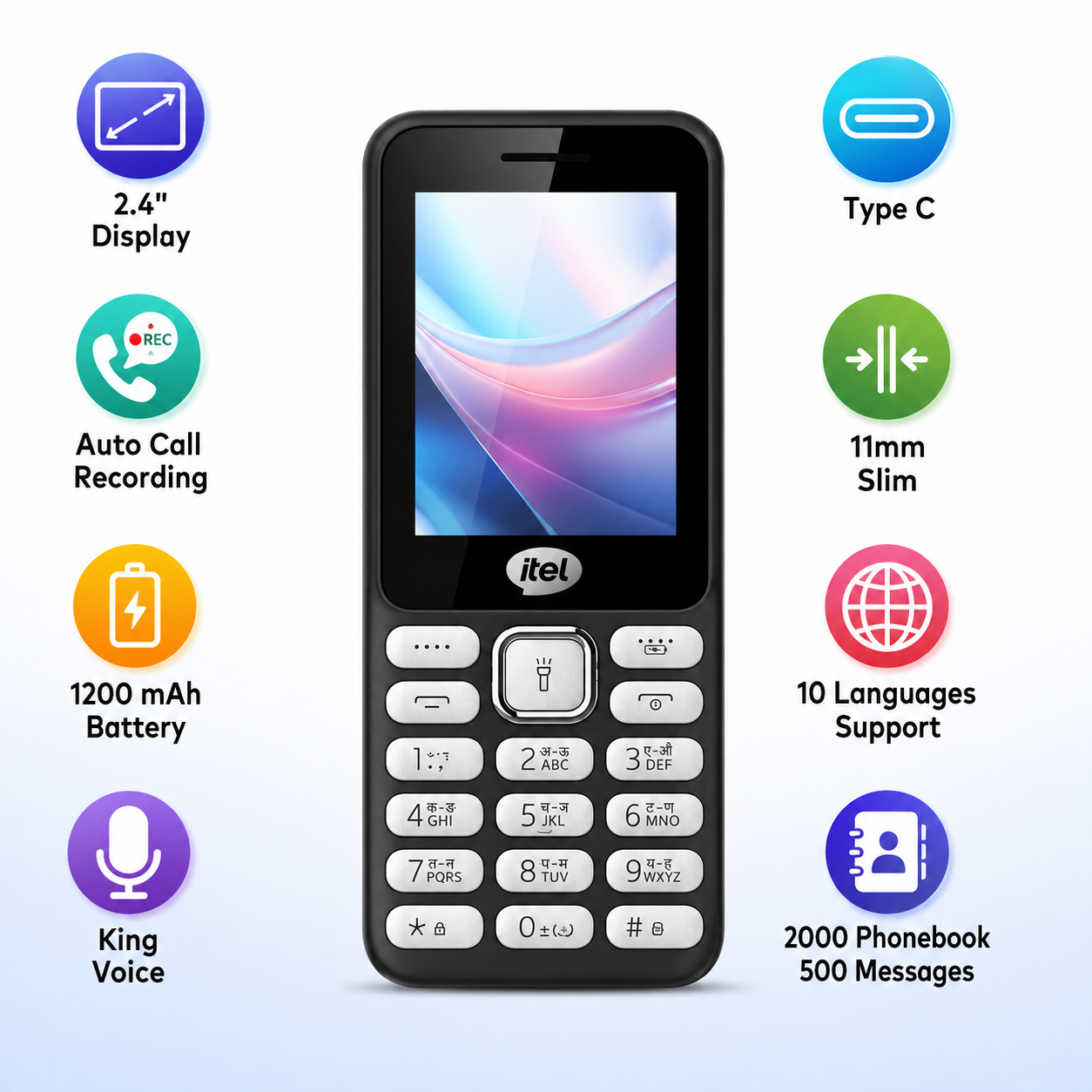itel, model- it5027 Slim with 2.4" Big Display, Type-C Charger, Ultra-Slim with 11mm Thickness & VGA Rear Camera | Black - Image 4
