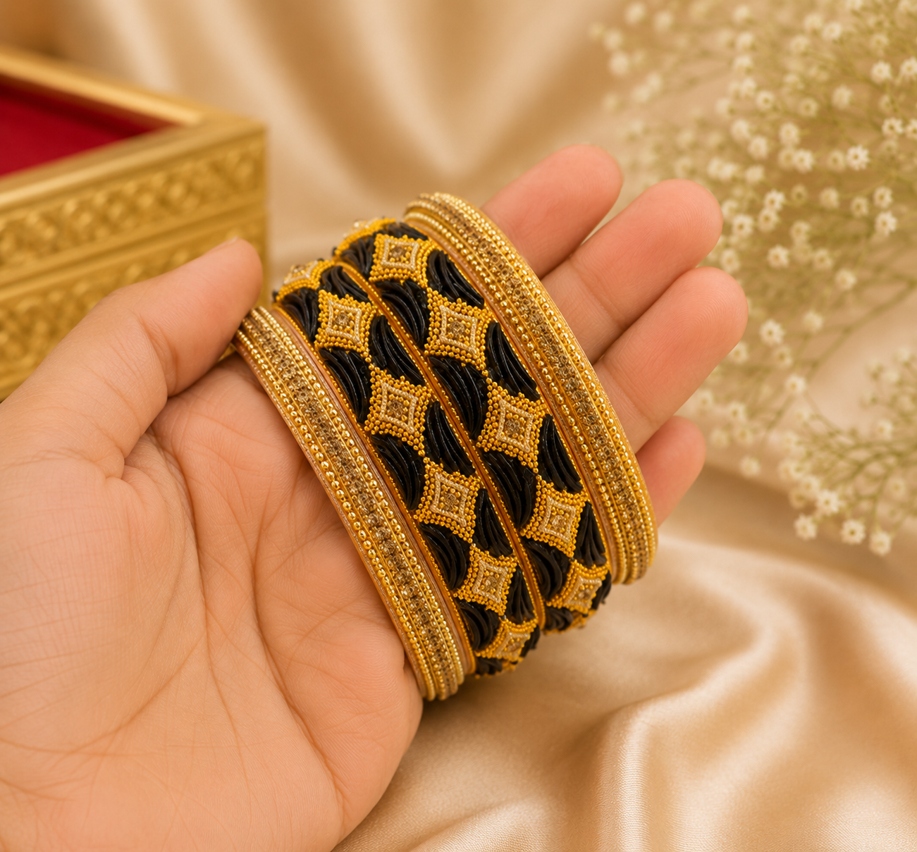 Black & Gold Designer Bangles Set for Women | Traditional Ethnic Bangles | Party & Wedding Wear - Image 2