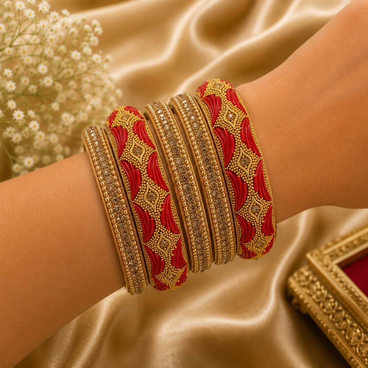 Red & Gold Designer Bridal Bangles Set for Women | Traditional Ethnic Chooda Style | Wedding & Festive Wear - Image 3