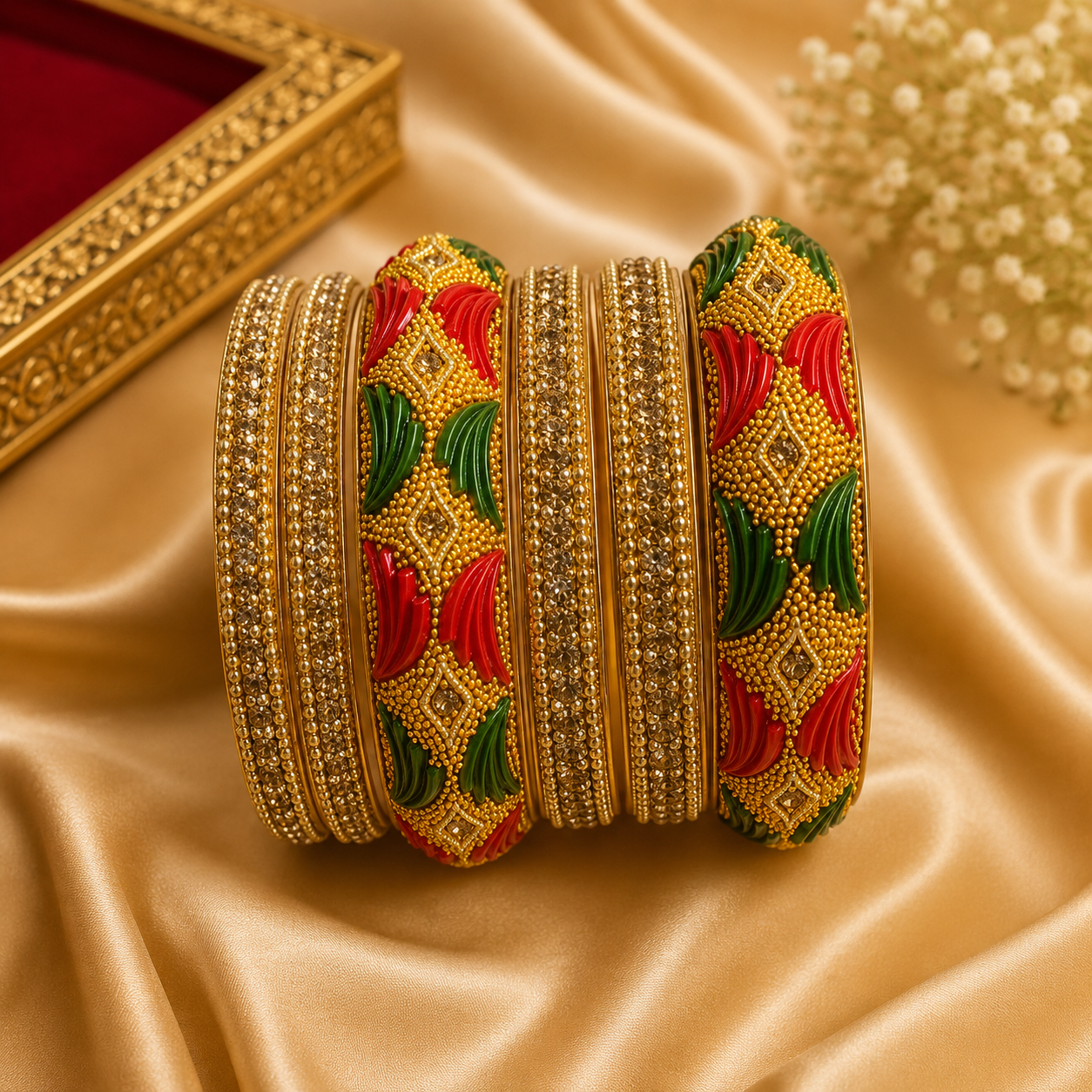 Red Green & Gold Designer Bangles Set for Women | Traditional Ethnic Bridal Bangles | Wedding & Festive Wear - Image 5