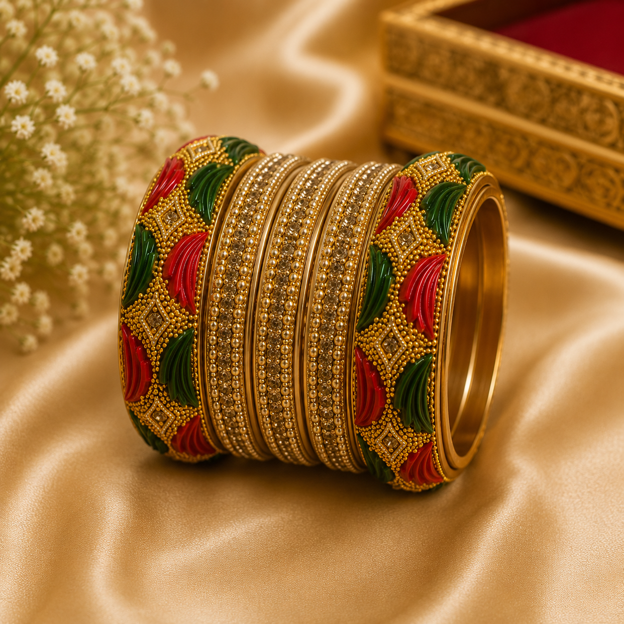 Red Green & Gold Designer Bangles Set for Women | Traditional Ethnic Bridal Bangles | Wedding & Festive Wear - Image 3